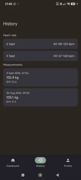 Cairn history screen listing past heart-rate sessions and measurements