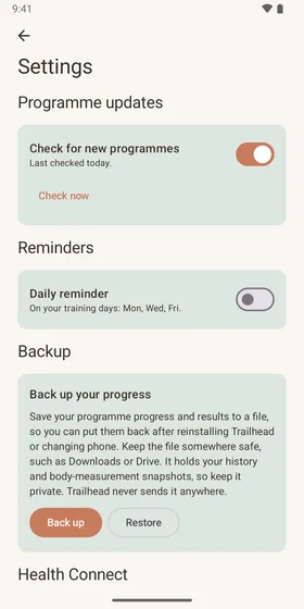 Trailhead settings with the programme updates switch, reminders and backup