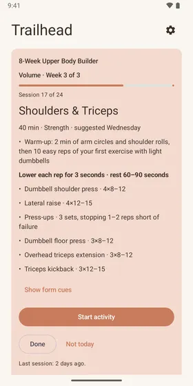 Trailhead Today card showing the next session, Shoulders & Triceps, its exercises, and Start activity and Done buttons